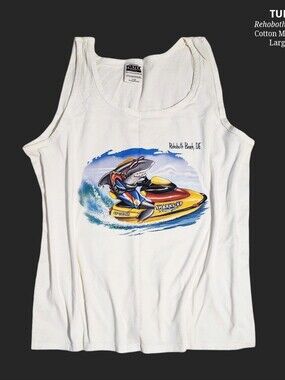 Rehoboth Beach, DE Men White Tank Top with Jet Ski Shark Graphic L